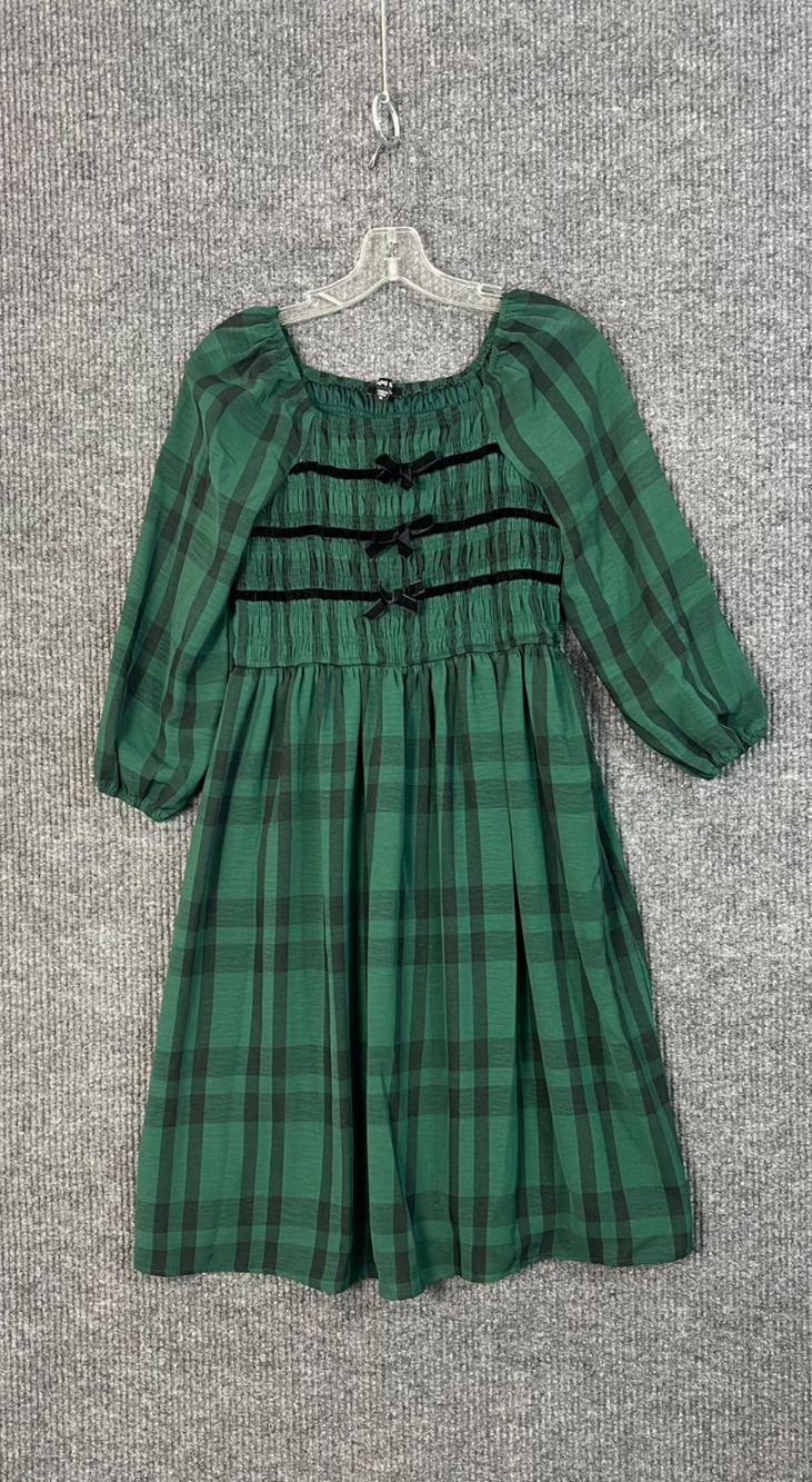 Trixxi Girl Dress Girls XL Green Black Plaid Bow Detail Pullover Casual Smocked